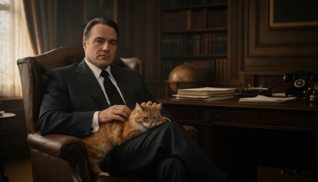 A classic promotional still of Marlon Brando as Vito Corleone from The Godfather sitting in a chair with his hands clasp
