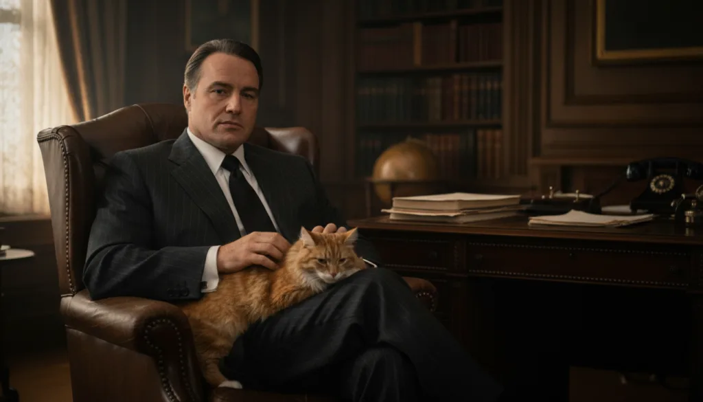 A classic promotional still of Marlon Brando as Vito Corleone from The Godfather sitting in a chair with his hands clasp