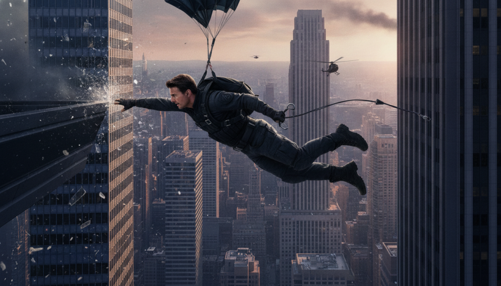 Tom Cruise as Ethan Hunt in a dynamic action pose from Mission Impossible mid-stunt
