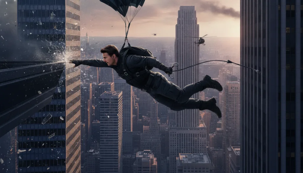 Tom Cruise as Ethan Hunt in a dynamic action pose from Mission Impossible mid-stunt