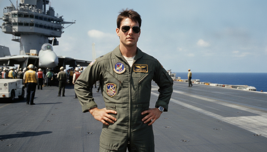 A young Tom Cruise as Maverick in Top Gun wearing a flight suit and aviator sunglasses