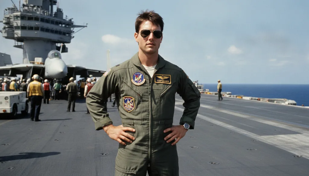 A young Tom Cruise as Maverick in Top Gun wearing a flight suit and aviator sunglasses
