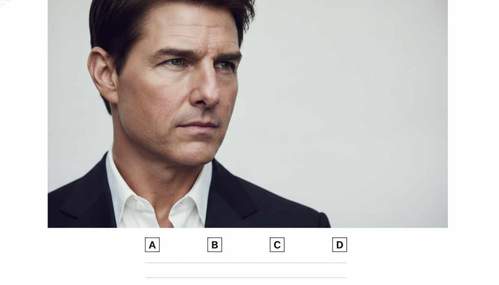 A quiz image showing a close-up portrait of Tom Cruise with multiple-choice options for his name