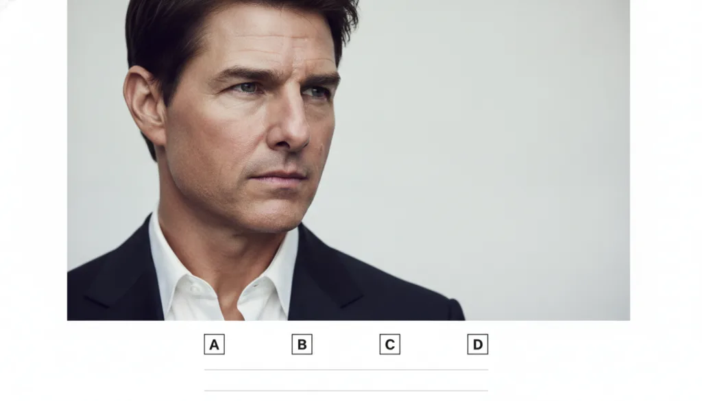 A quiz image showing a close-up portrait of Tom Cruise with multiple-choice options for his name