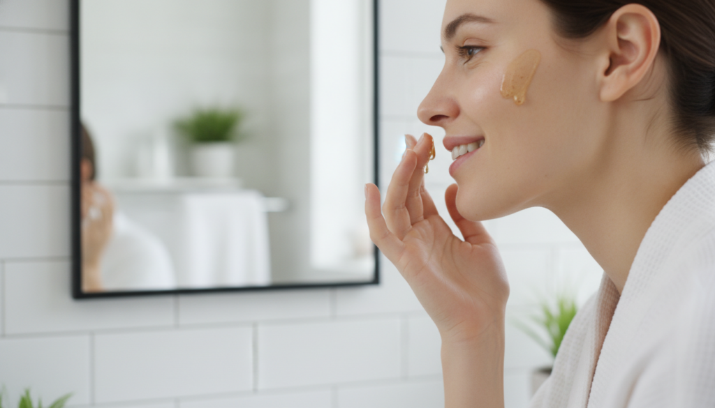 A woman gently applying a homemade clove and aloe vera serum to her face smiling softly in a bright bathroom setting