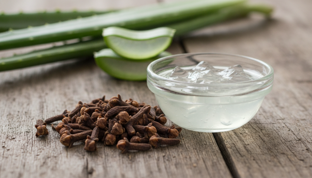 A close-up of dried cloves and a small bowl of clear aloe vera gel with some fresh aloe vera leaves in the background on