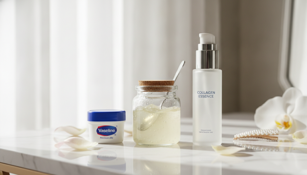 A small glass jar with a homemade collagen gel next to a bottle of collagen essence and a tub of Vaseline arranged on a 