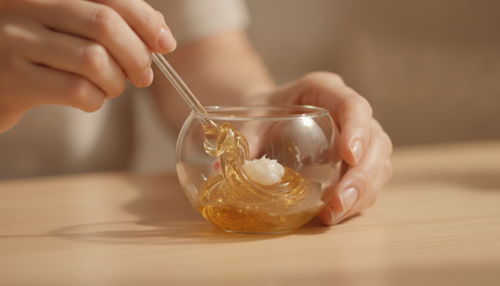 Hands mixing collagen essence and Vaseline in a small glass bowl to create a smooth golden gel with a soft focus on the 