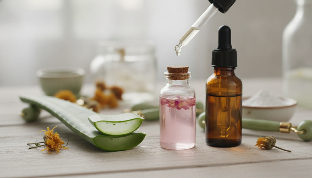 Various natural ingredients for skincare like fresh aloe vera leaves a bottle of rose water and a small bottle of vitami