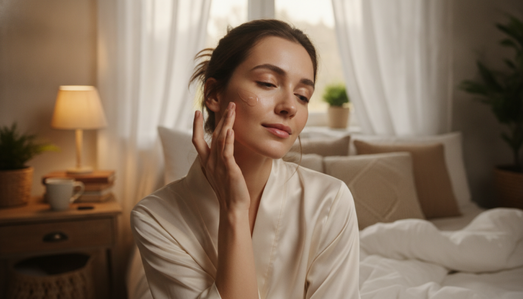 A woman applying a small amount of clear or light green gel to her face before bed with soft warm lighting Her skin look
