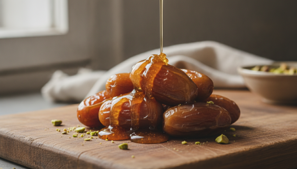A close-up of several plump golden-brown dates artfully arranged on a rustic wooden board with a luscious stream of gold