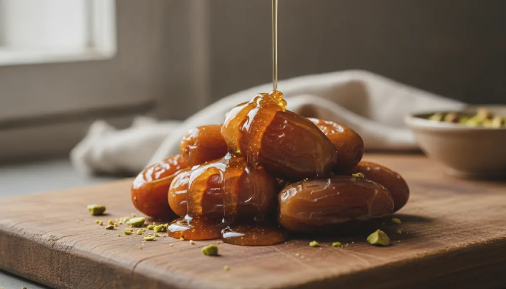 A close-up of several plump golden-brown dates artfully arranged on a rustic wooden board with a luscious stream of gold