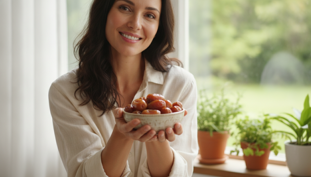 A vibrant and happy woman in her 30s or 40s with clear glowing skin holding a small bowl of dates and smiling genuinely 