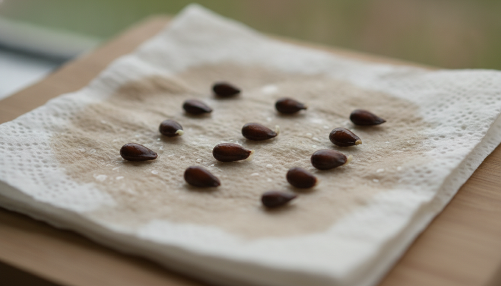 A close-up shot of small apple seeds placed on a damp paper towel folded and ready to be placed inside a clear plastic b