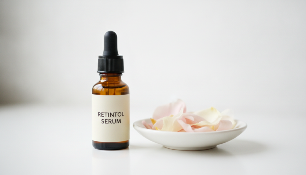 A small amber glass dropper bottle of retinol serum next to a small dish of delicate flower petals suggesting a gentle y