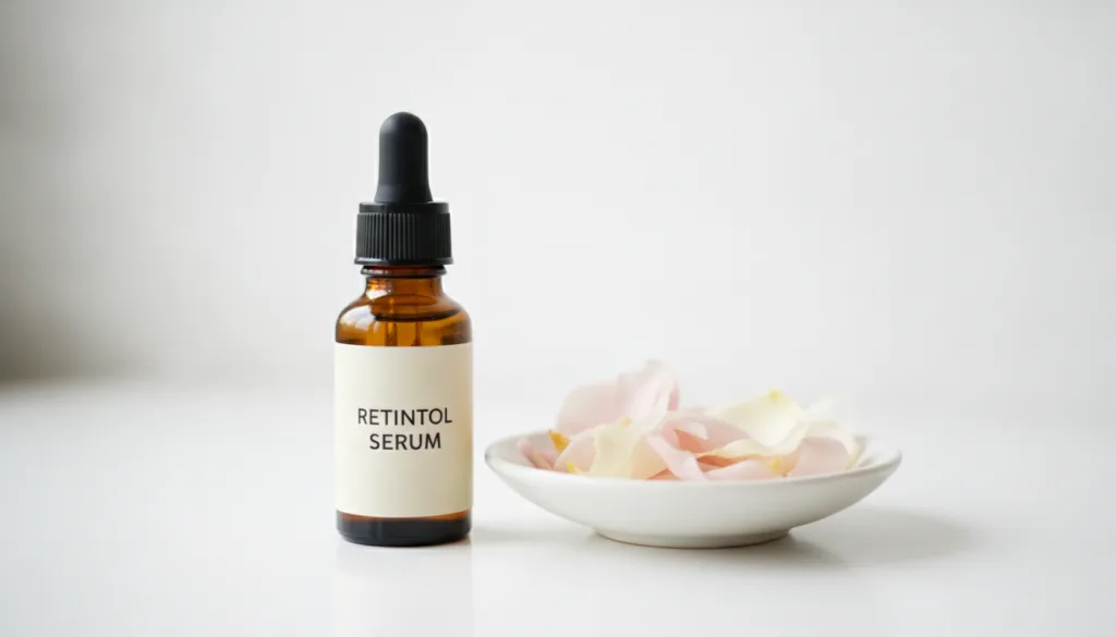 A small amber glass dropper bottle of retinol serum next to a small dish of delicate flower petals suggesting a gentle y