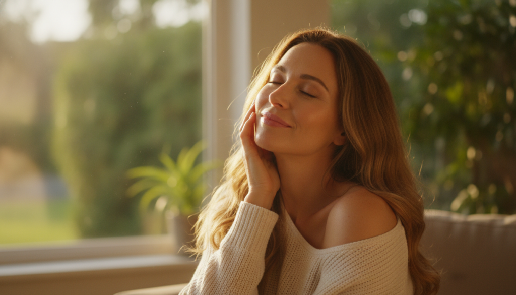 A woman in her late 30s with radiant smooth skin gently touching her cheek against a soft naturally lit background with 