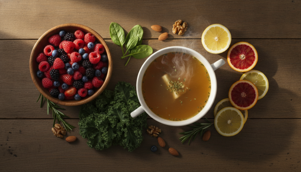 A variety of collagen-rich foods like bone broth berries leafy greens and citrus fruits arranged aesthetically on a rust