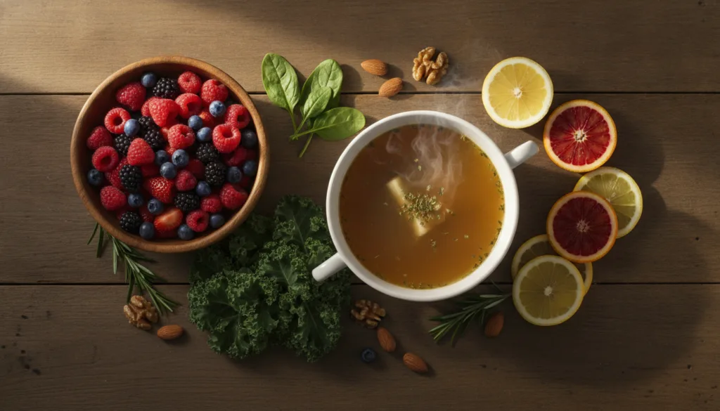 A variety of collagen-rich foods like bone broth berries leafy greens and citrus fruits arranged aesthetically on a rust