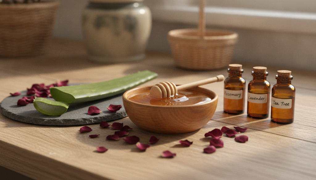 Various natural beauty ingredients like honey aloe vera rose petals and essential oils beautifully arranged in small bow
