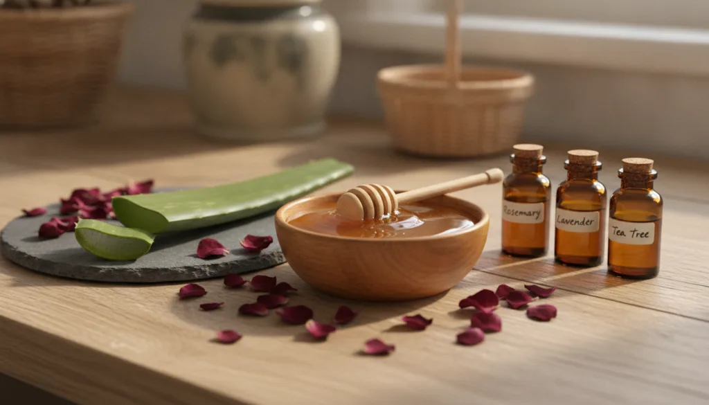 Various natural beauty ingredients like honey aloe vera rose petals and essential oils beautifully arranged in small bow