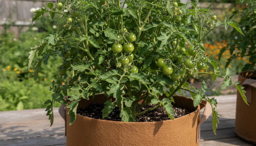 A vibrant healthy tomato plant growing robustly in a large fabric grow bag laden with small green tomatoes Sunlight illu