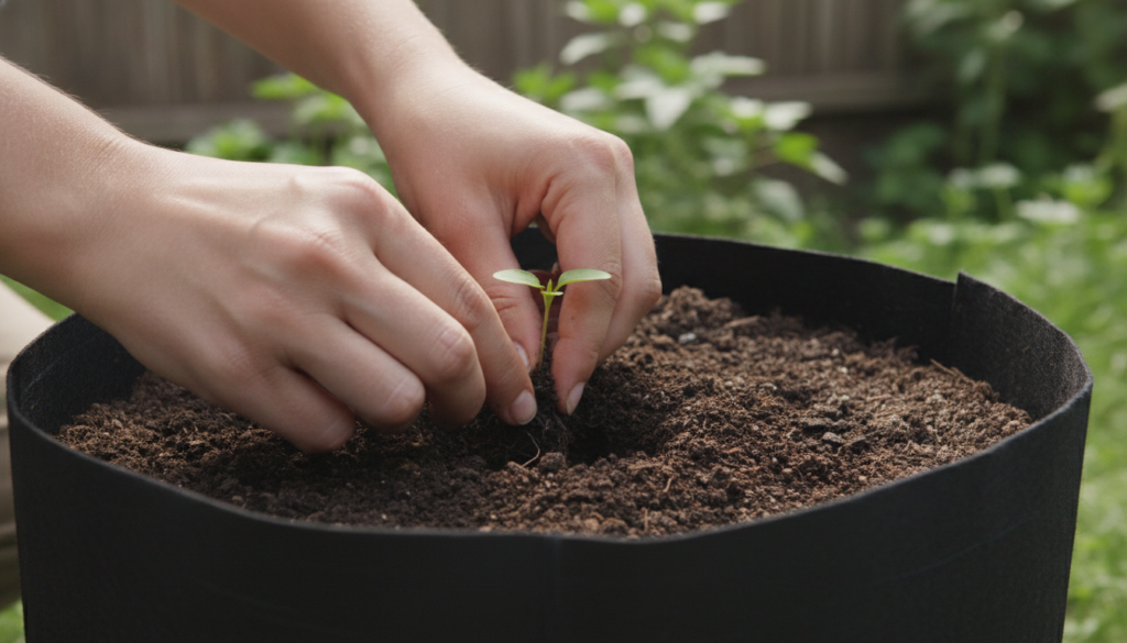 A gardener s hands gently planting a small seedling into a grow bag filled with dark rich potting soil The background sh