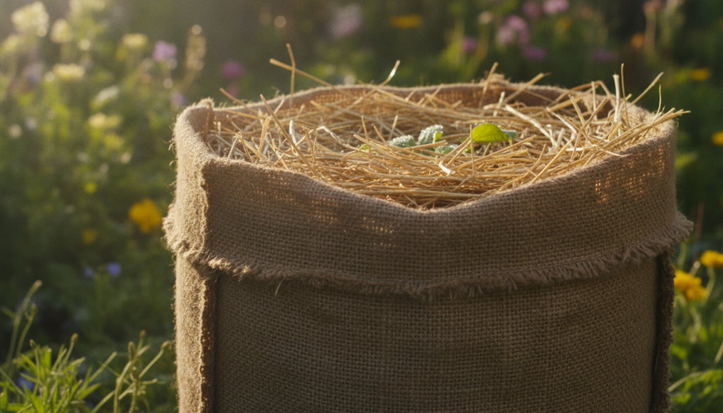 A close-up shot of a rustic grow bag filled with fresh light-colored straw basking in warm sunlight The background is so