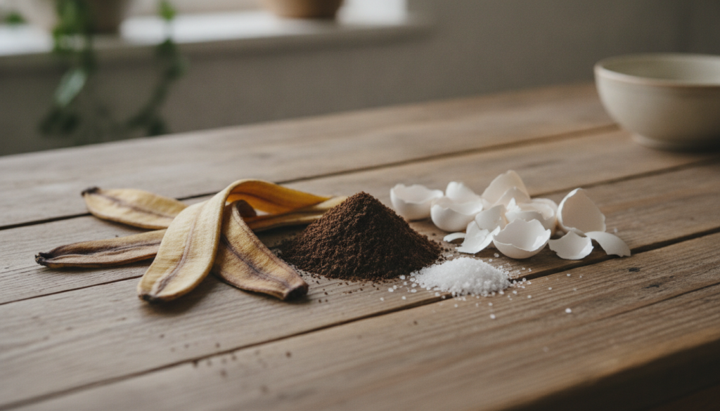 Ingredients for homemade organic rose food laid out on a rustic wooden table coffee grounds banana peels eggshells and E