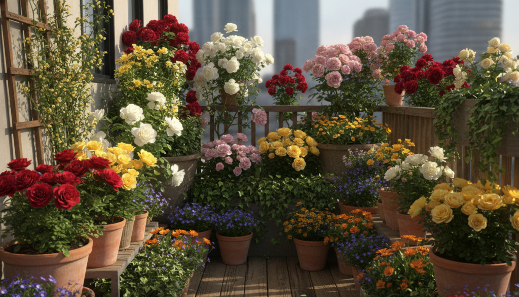 A beautiful vibrant rose garden flourishing on a small city balcony with various potted rose bushes in full bloom and a 