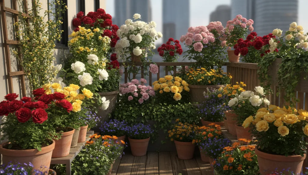 A beautiful vibrant rose garden flourishing on a small city balcony with various potted rose bushes in full bloom and a