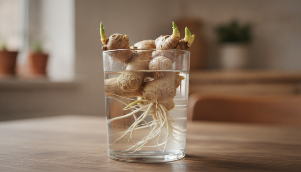Fresh ginger rhizomes beginning to sprout roots and green shoots in a glass of water illustrating the initial propagatio