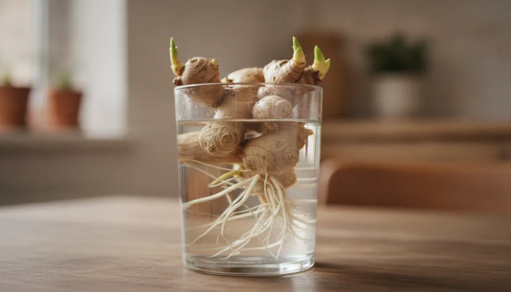 Fresh ginger rhizomes beginning to sprout roots and green shoots in a glass of water illustrating the initial propagatio