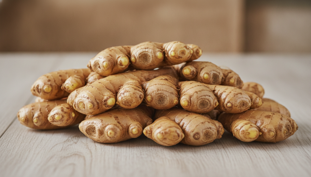 Freshly harvested ginger rhizomes clean and ready for use displayed on a wooden surface