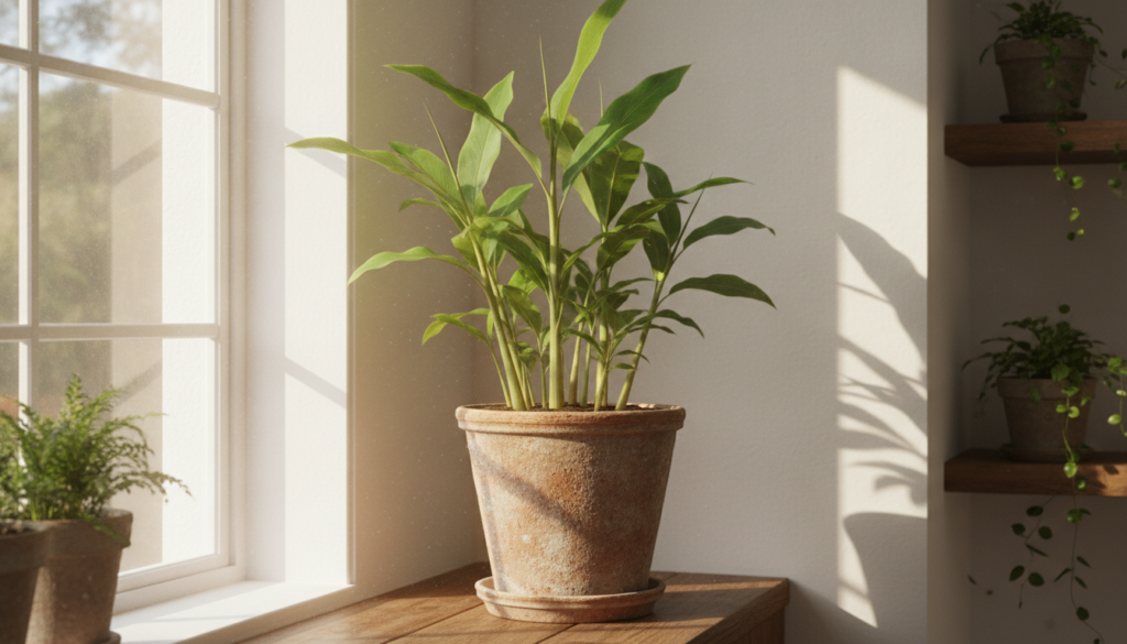 A healthy mature ginger plant growing in a terracotta pot showing lush green leaves and stalks indicating vigorous growt