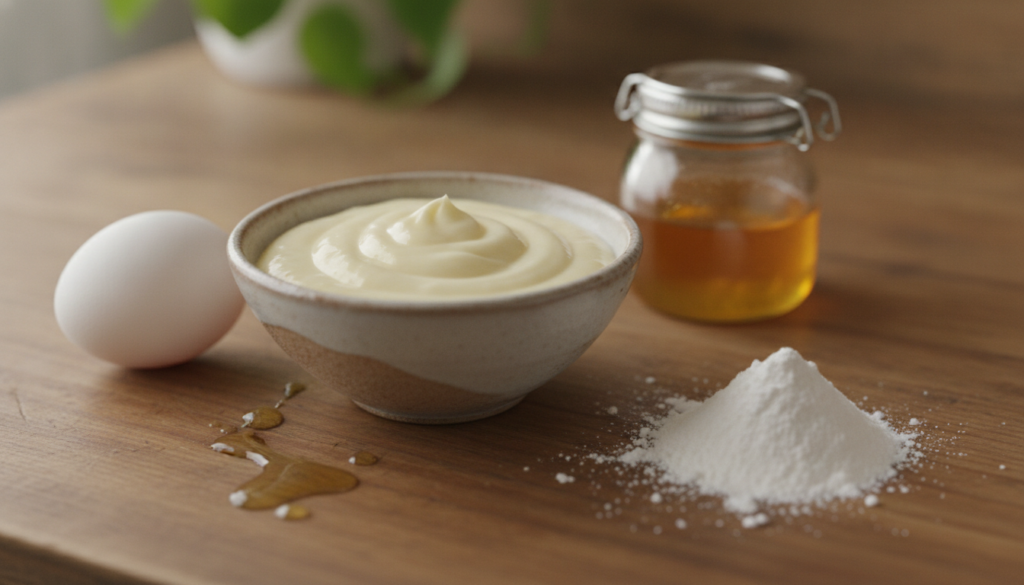 A close-up of a bowl containing a homemade face mask mixture surrounded by its natural ingredients like an egg honey jar