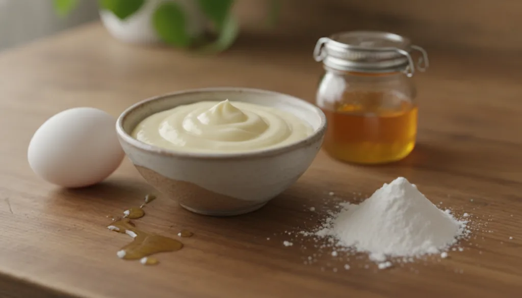 A close-up of a bowl containing a homemade face mask mixture surrounded by its natural ingredients like an egg honey jar