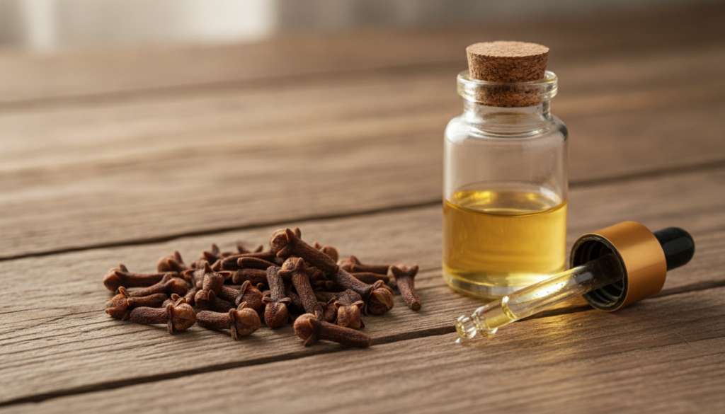 A close-up shot of cloves perhaps with a small glass bottle of essential oil or a dropper on a rustic wooden surface con