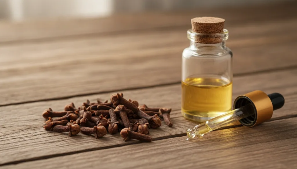 A close-up shot of cloves perhaps with a small glass bottle of essential oil or a dropper on a rustic wooden surface con