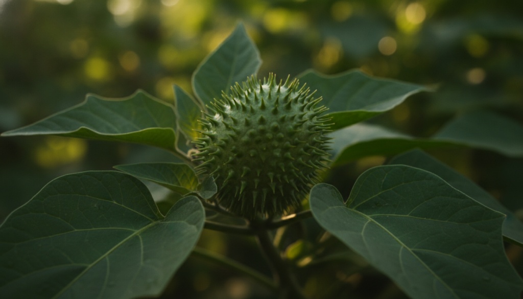 A close-up of a green spiky Datura seed pod still attached to the plant