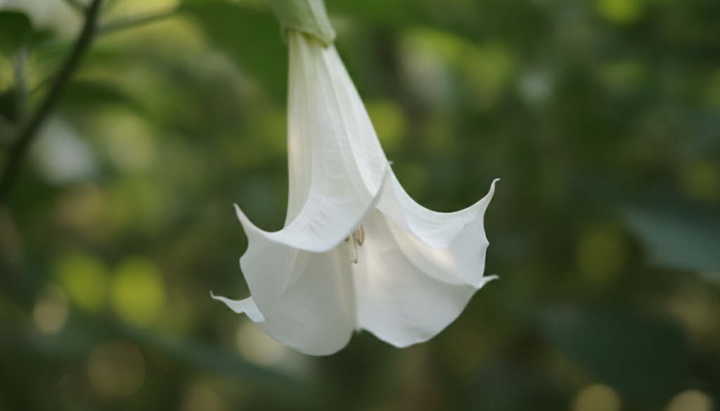 A close-up shot of a white trumpet-shaped Datura flower blooming against green foliage
