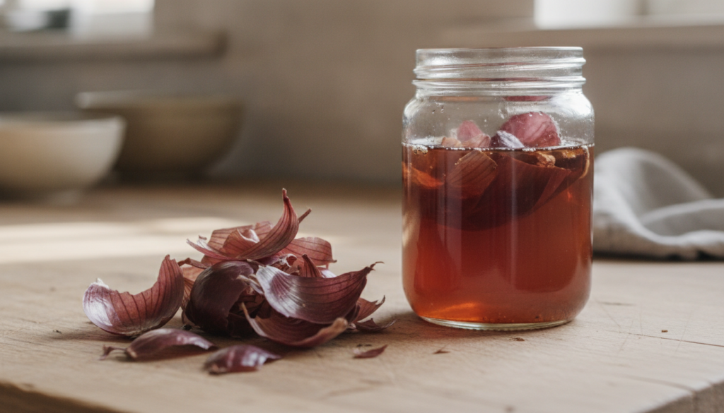 A close-up shot of red onion skins a small pile next to a glass jar filled with a reddish-brown liquid the elixir and so