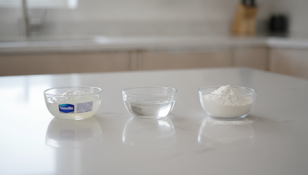 Individual small bowls or containers showcasing the three main ingredients Vaseline baby oil and white rice flour arrang
