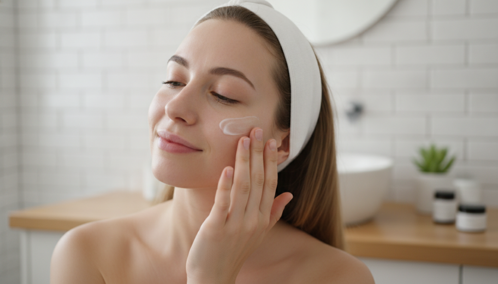 A woman gently applying a thin layer of the creamy white DIY gel to her clean face with soft focused hands and a serene 