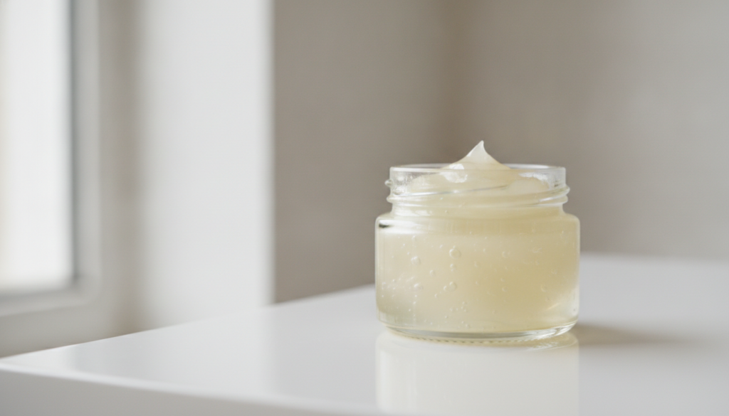 A small clean jar containing the smooth translucent mixture of baby oil and Vaseline ready for use