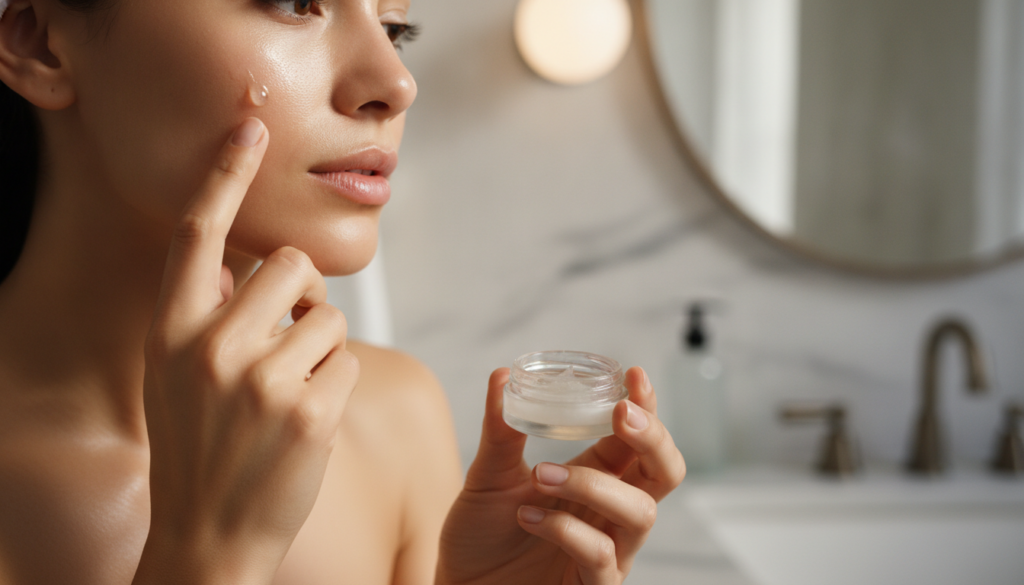 A person gently applying the homemade baby oil and Vaseline mixture to their face showcasing radiant and hydrated skin