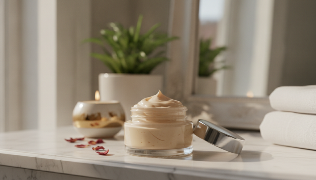 A small clean jar filled with the freshly made cream showing its smooth texture on a vanity