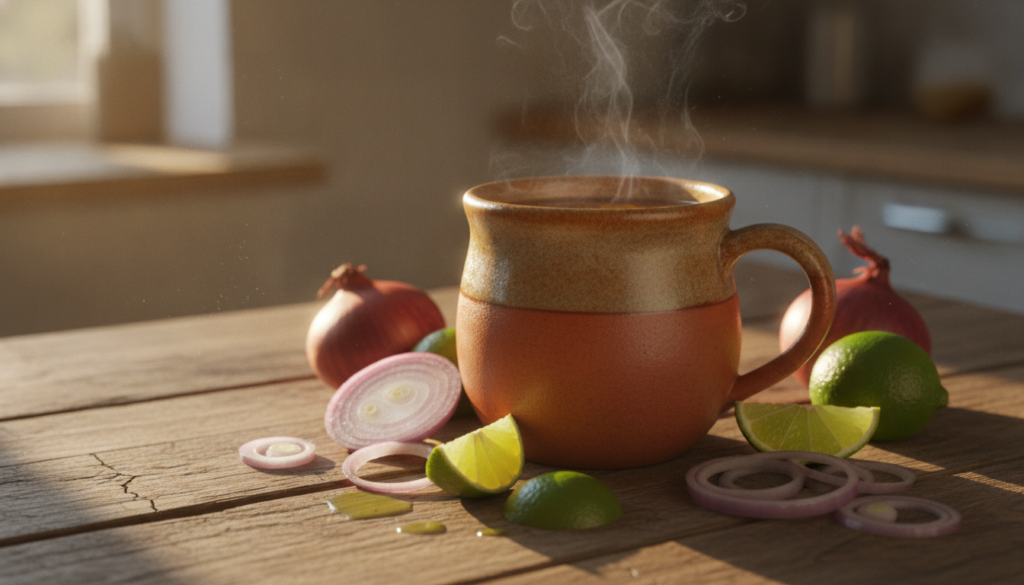 A warm mug of onion-lime juice steamy with fresh sliced onions and lime wedges nearby on a rustic wooden table The light