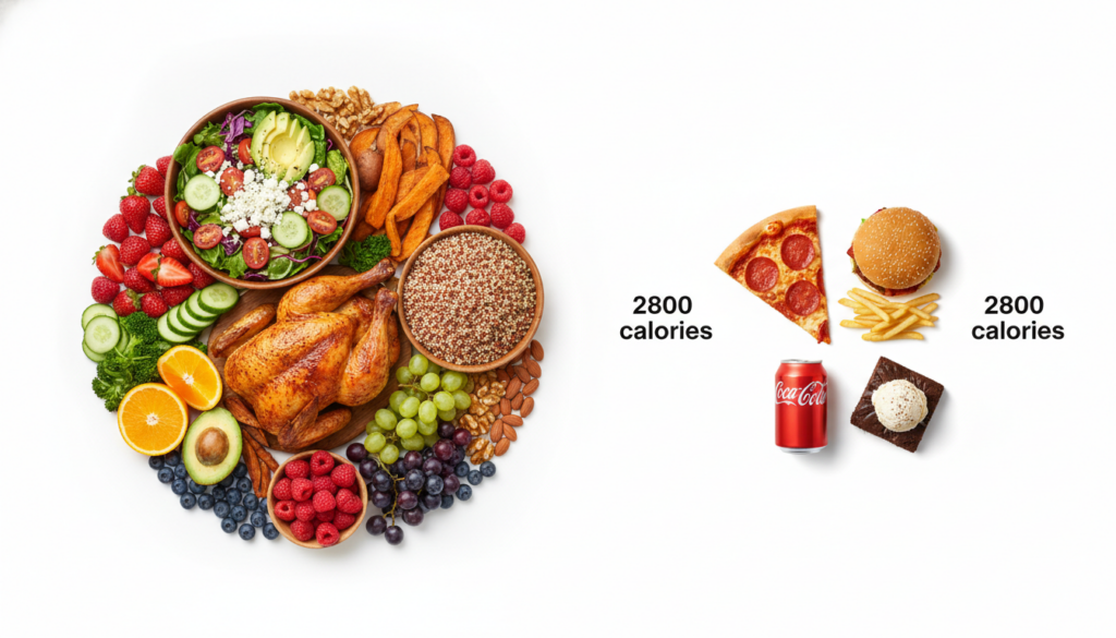 A visual comparison showing two contrasting plates or food layouts both totaling 2800 calories One plate is filled with 