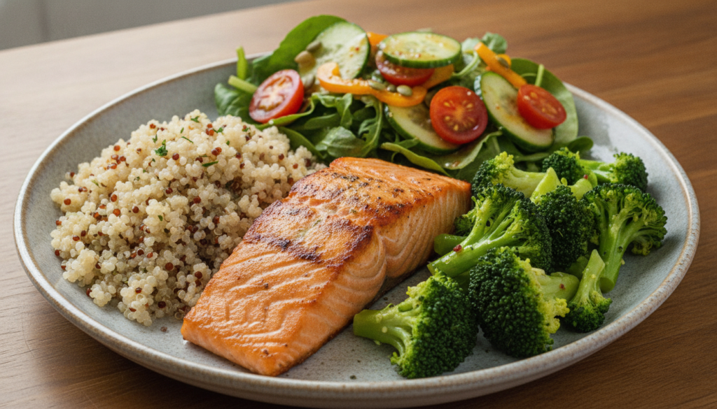 A vibrant balanced plate filled with a variety of nutrient-dense foods such as grilled salmon quinoa steamed broccoli an